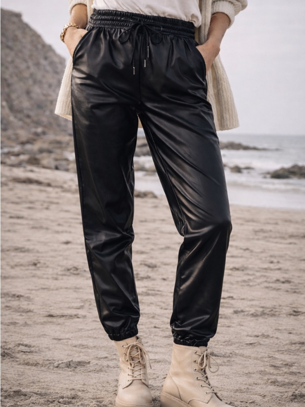 Black Faux Leather Jogger Pants XS/S Elastic Waist Vegan Leather Athleisure